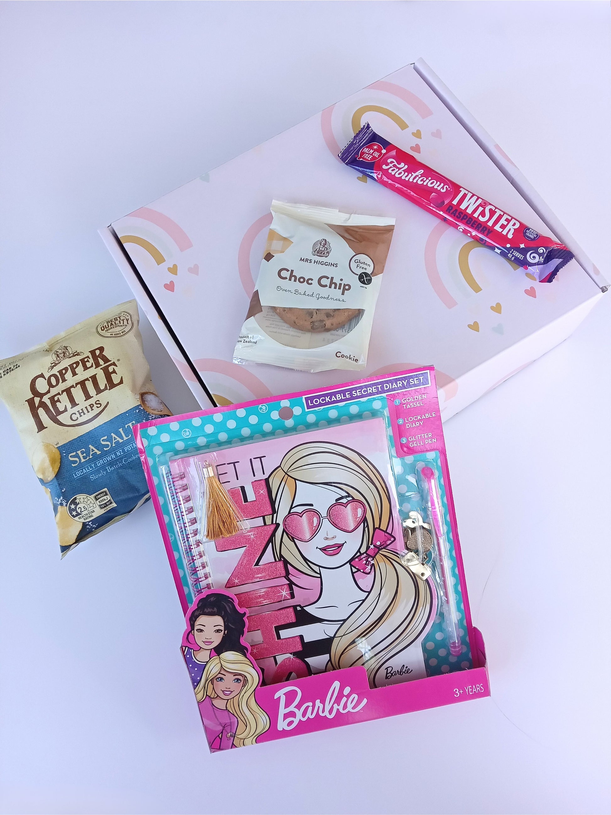 Kids gift box with Barbie diary, Mrs Higgins cookie, Fabulicious Twister and Sea Salt Chips